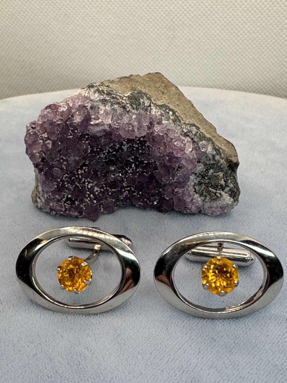 Vintage Silver-tone Oval Cufflinks with Citrine-Color Glass Rhinestones